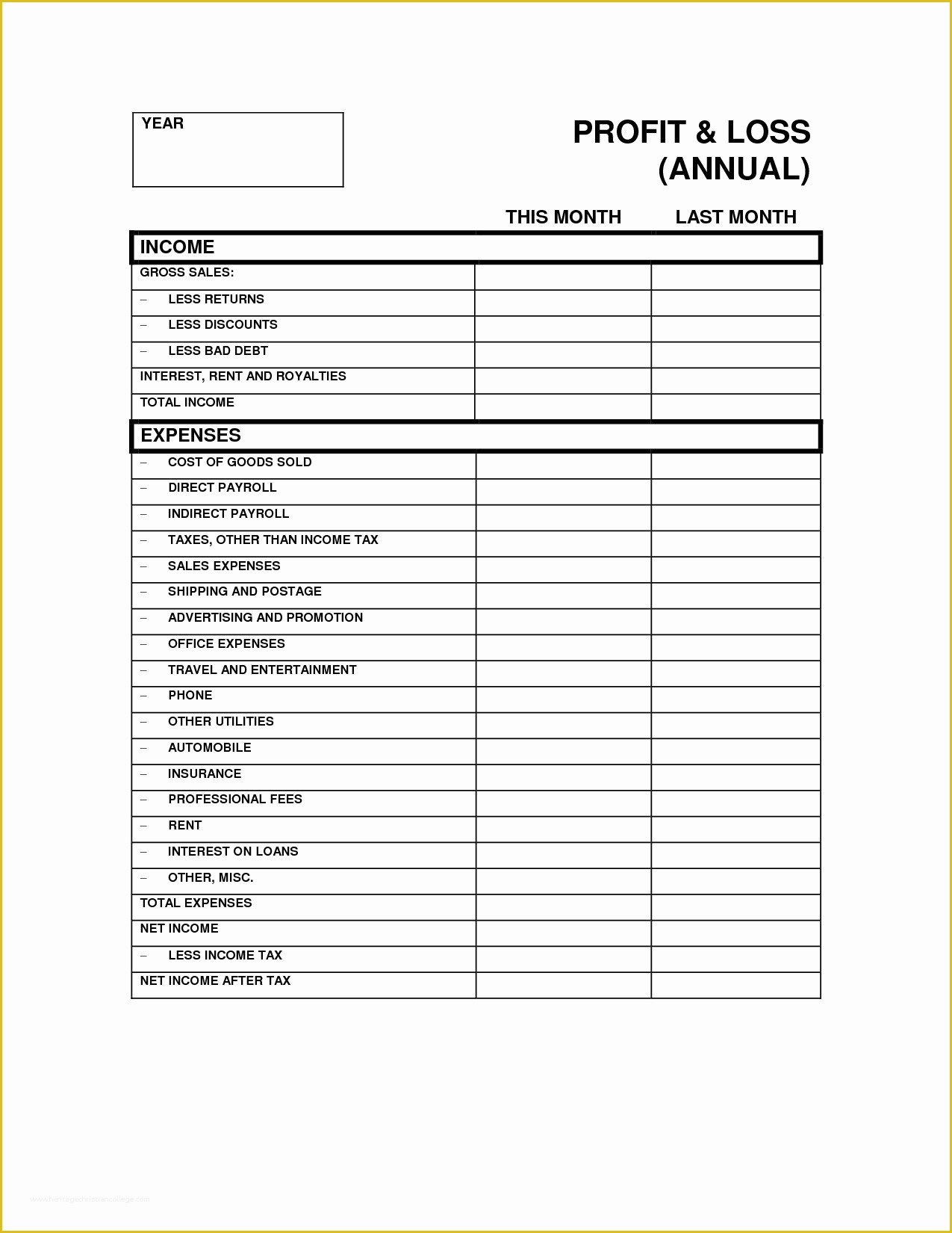 Free Printable Profit And Loss Worksheet