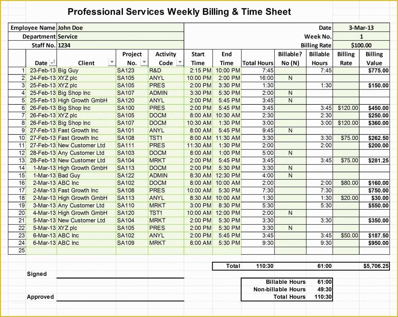 Project Timesheet Template Free Of Professional Services Billing Timesheet Excel Template
