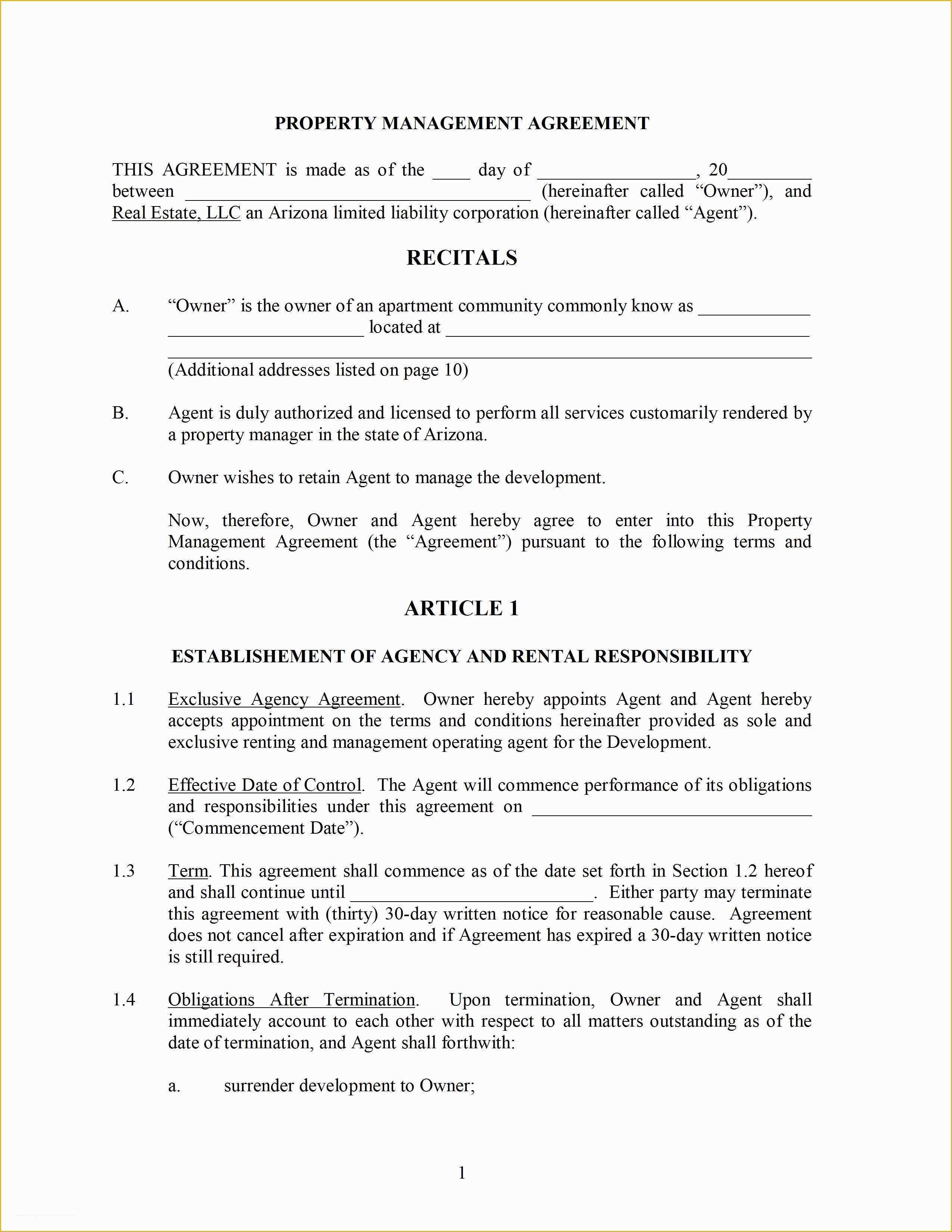 Property Management Agreement Template Free Of Property Management Contract Template