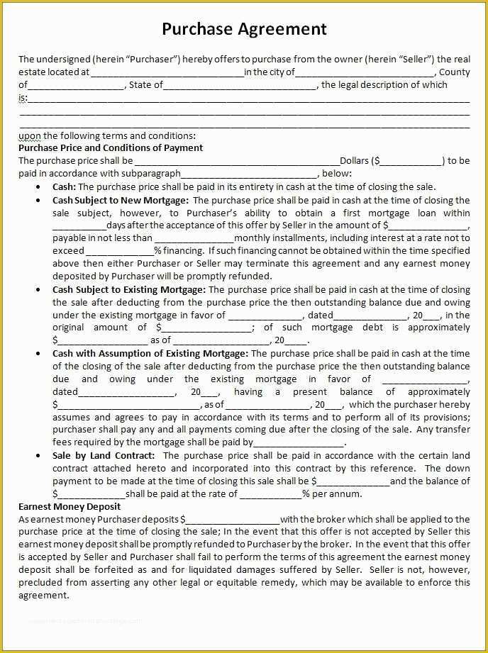 Purchase Agreement Real Estate Template Free Of Free Purchase Agreement Template