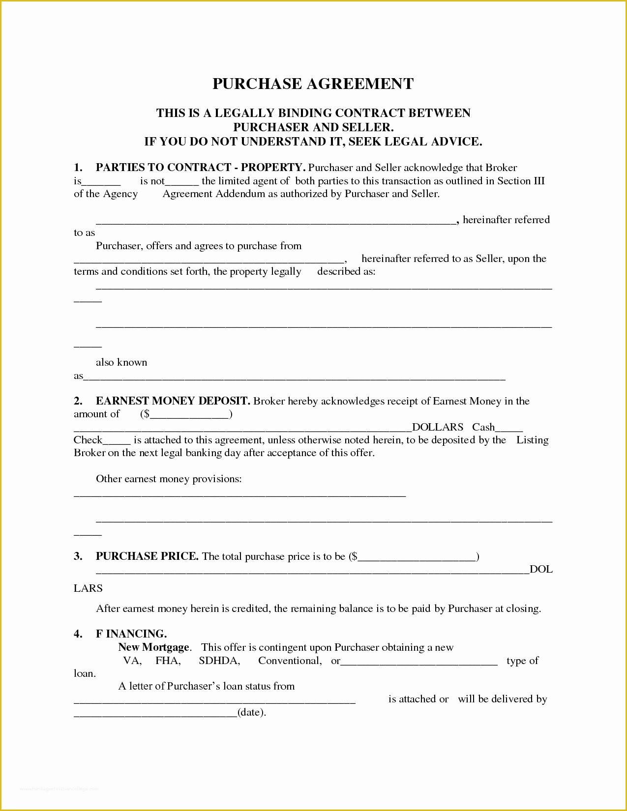 Purchase Agreement Real Estate Template Free Of Printable Home Purchase Agreement