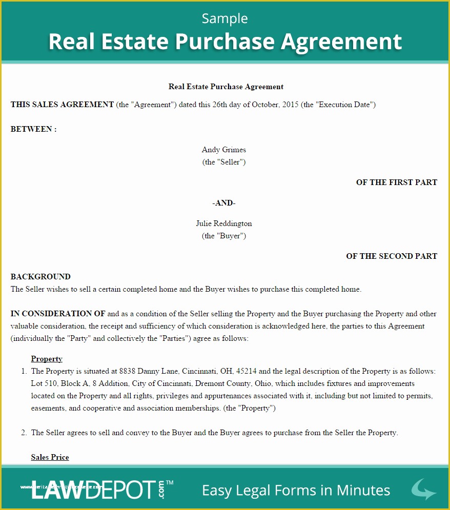 Purchase Agreement Real Estate Template Free Of Real Estate Purchase Agreement United States form Lawdepot