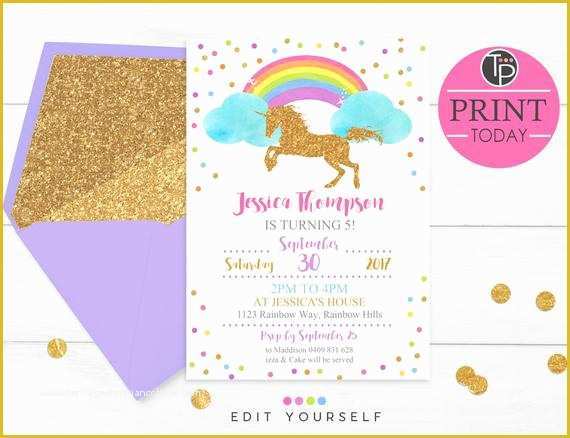 Rainbow Wedding Invitation Templates Free Of Rainbow Unicorn Invitation Instant Download Unicorn