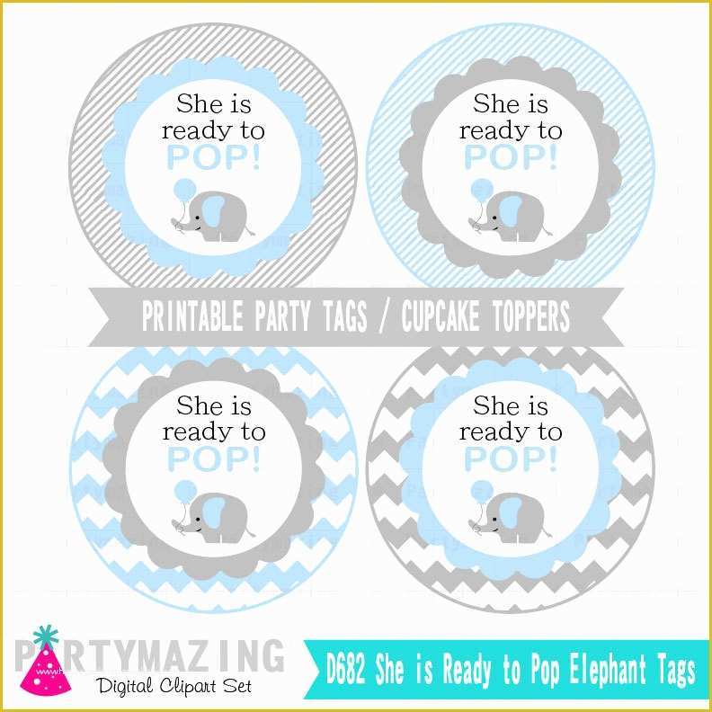 Ready to Pop Labels Template Free Of Blue Elephant Baby Shower Tags Printable Stickers Cupcake
