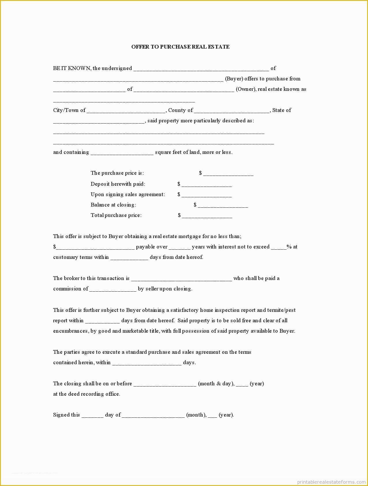 Real Estate Offer Template Free Of Printable Offer to Purchase Real Estate Template 2015