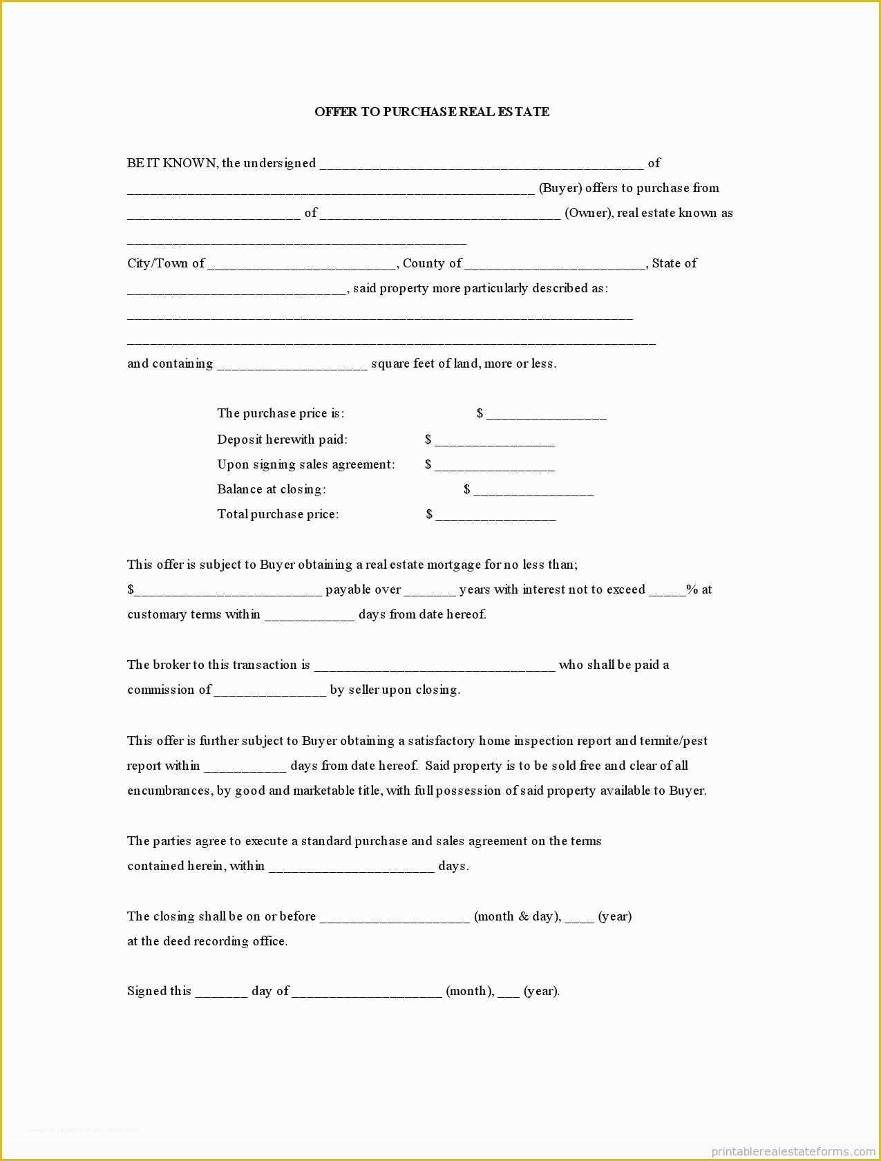 Real Estate Offer Template Free Of Printable Offer to Purchase Real Estate Template 2015