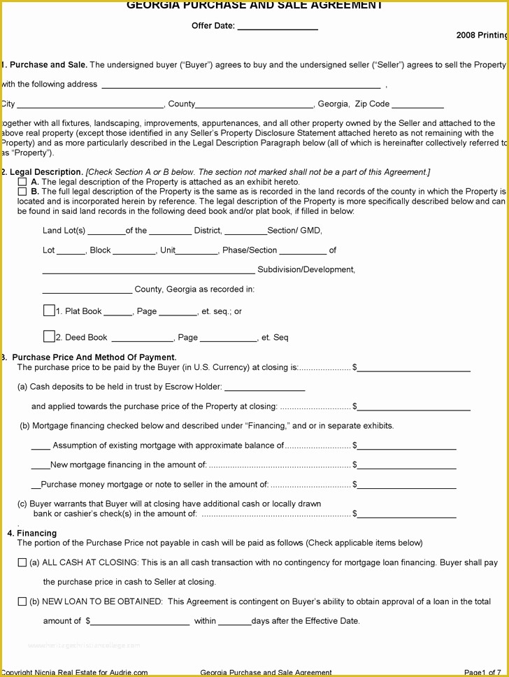 Real Estate Purchase Contract Template Free Of Free Georgia Purchase and Sale Agreement form Pdf