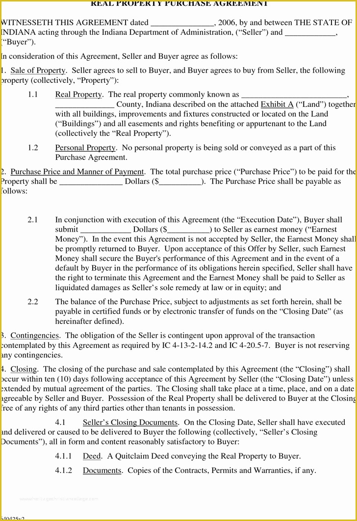 Real Estate Purchase Contract Template Free Of Real Estate Purchase Agreement Indiana