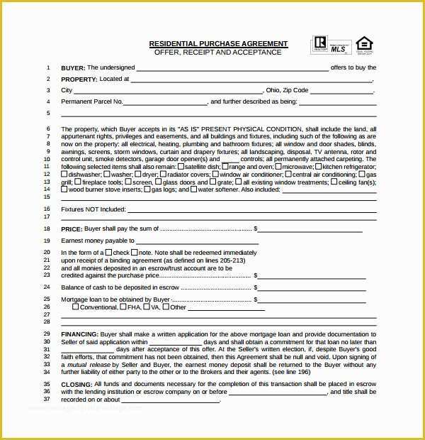 Real Estate Sales Contract Template Free Of Real Estate Purchase Agreement Ohio