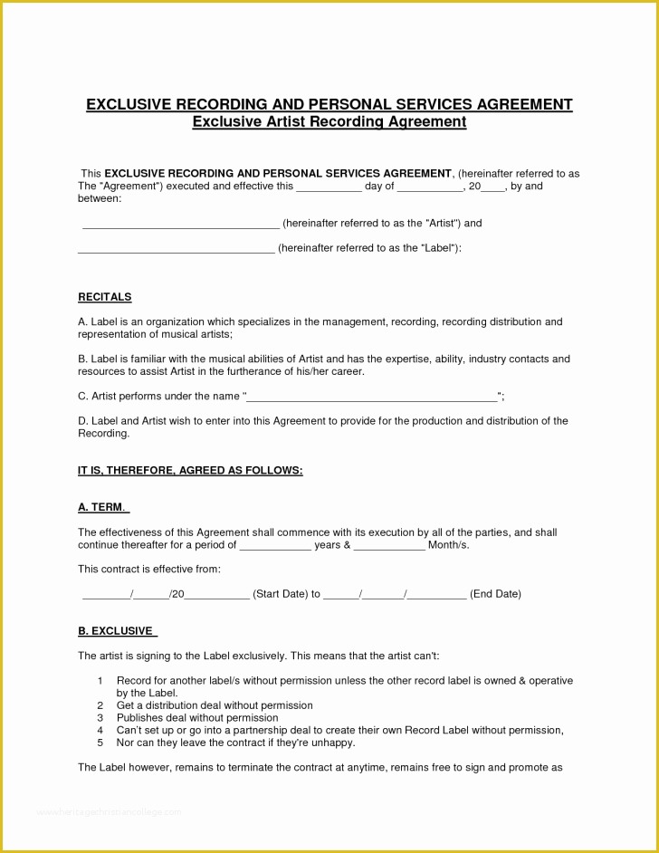 Record Label Contract Template Free Of Contract Recording Contract Template