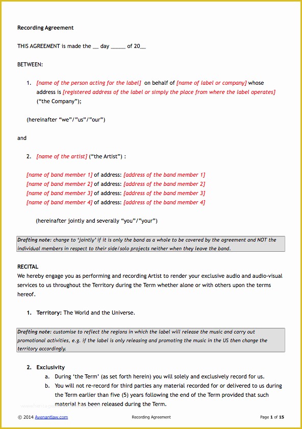 Record Label Contract Template Free Of Exclusive Recording Contract Template