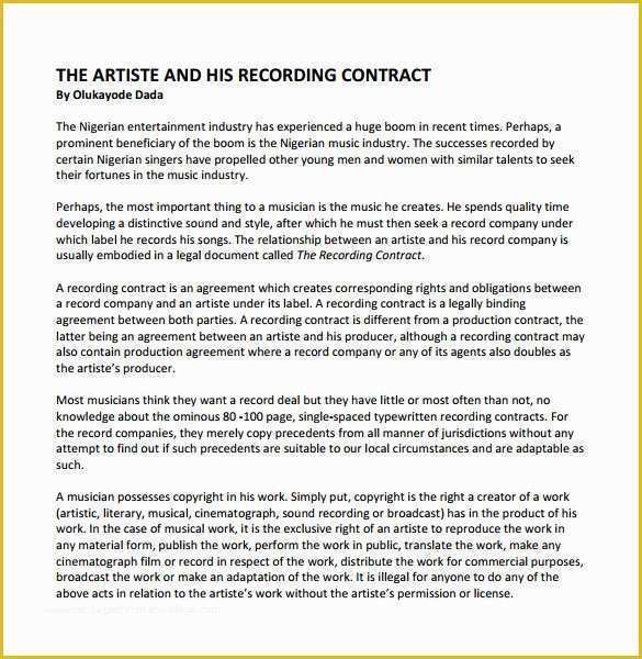 Record Label Contract Template Free Of Recording Contract Template 11 Download Documents In