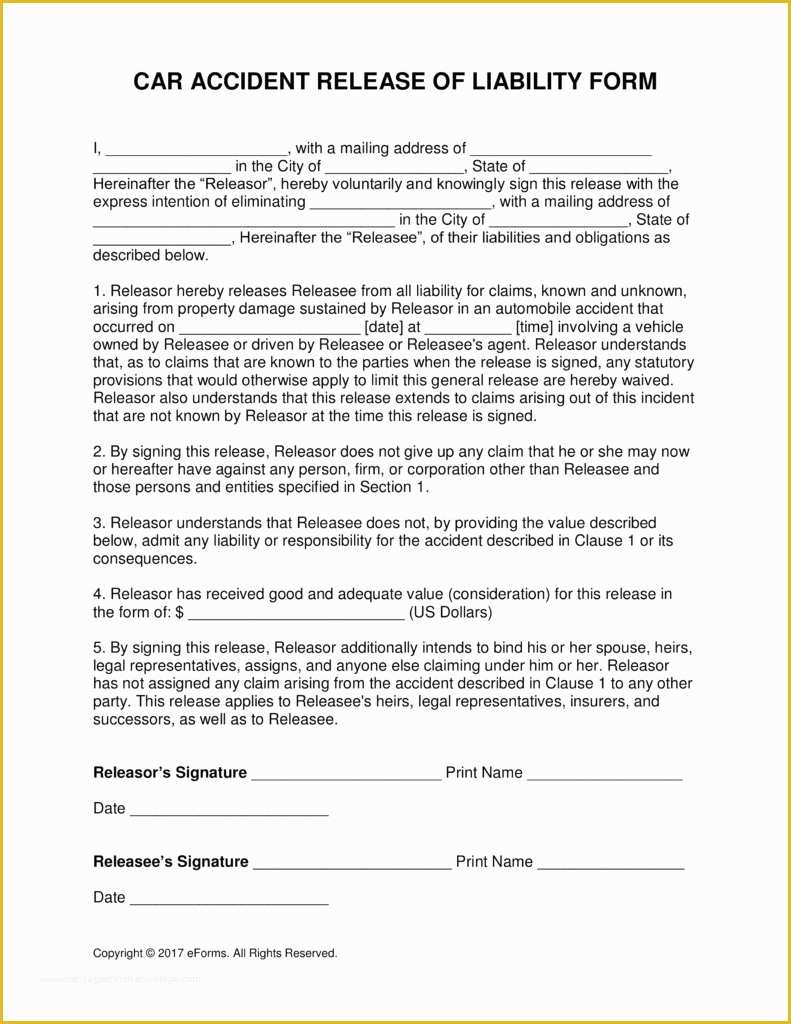 Release Of Liability Template Free Of Accident Liability Release form Template Templates
