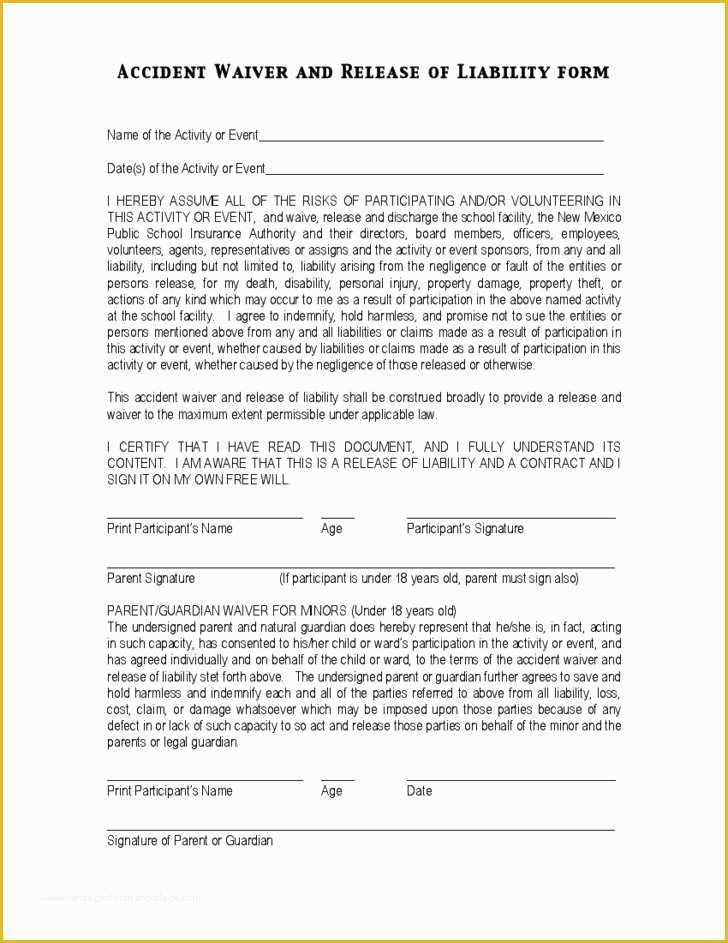 Release Of Liability Template Free Of Accident Waiver Release Liability form Template