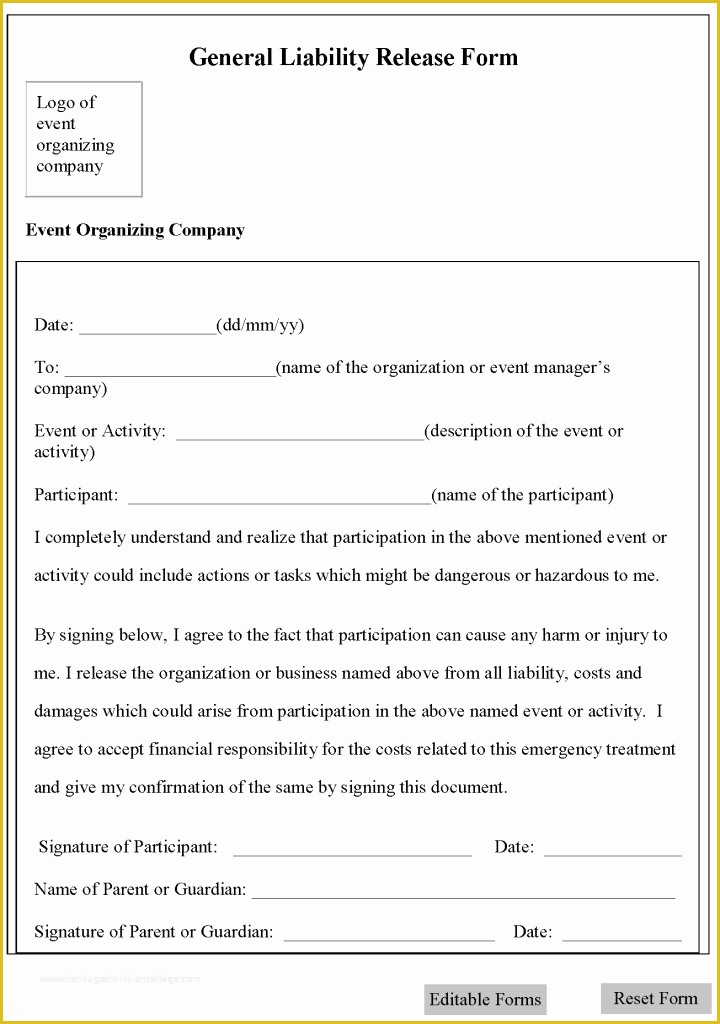 Release Of Liability Template Free Of Free Printable Liability Release form Sample form Generic