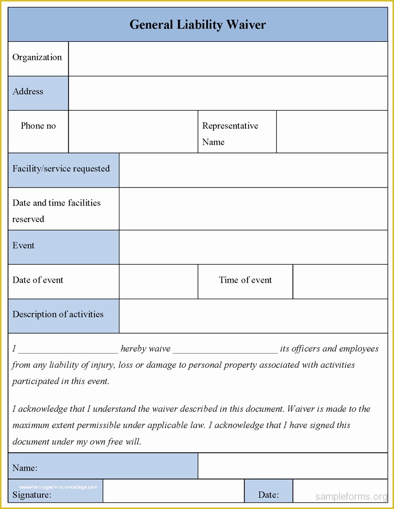 Release Of Liability Template Free Of General Liability Waiver form Sample forms
