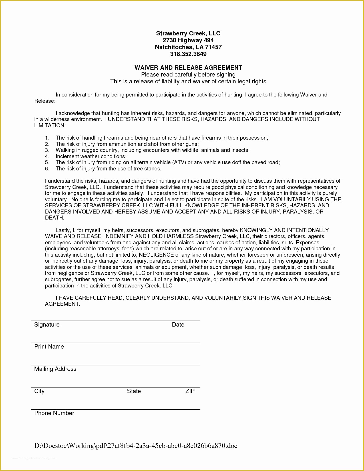 Release Of Liability Template Free Of Liability Waiver Template Free Printable Documents
