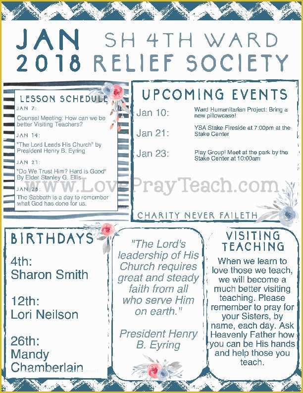 Relief society Newsletter Template Free Of January 2018 Relief society Newsletter and Lesson Calendar