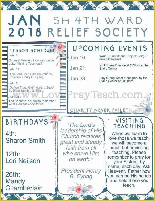 Relief society Newsletter Template Free Of January 2018 Relief society Newsletter and Lesson Calendar