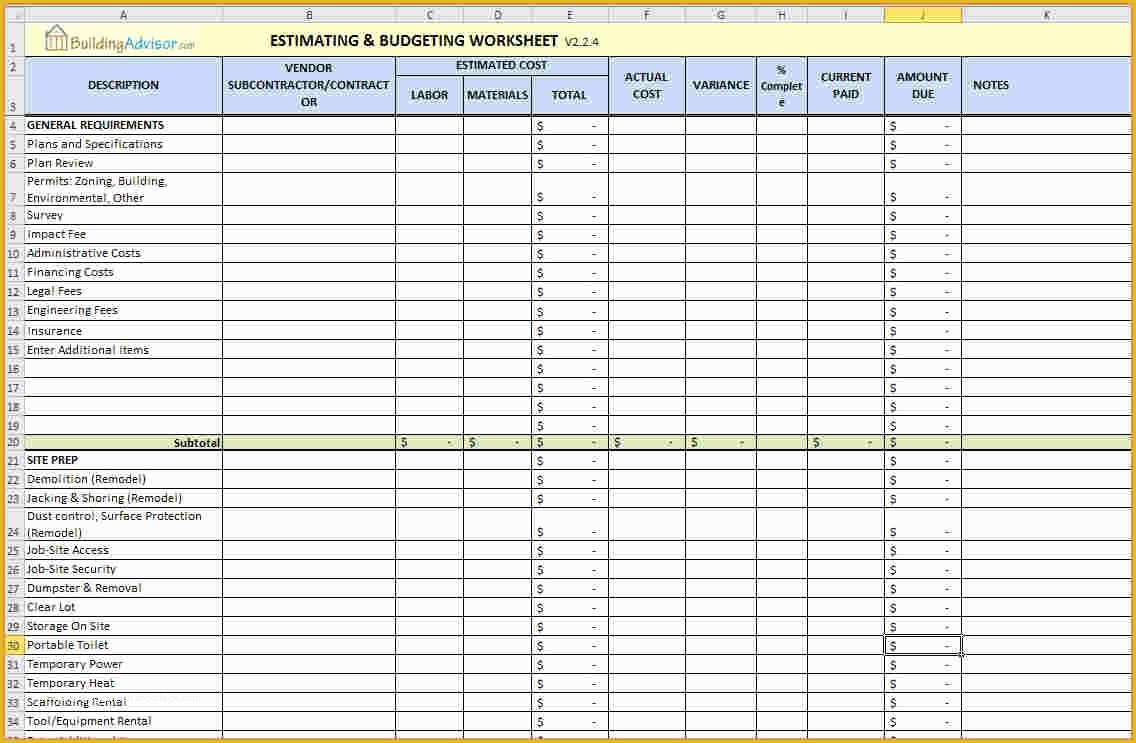 58 Renovation Spreadsheet Template Free