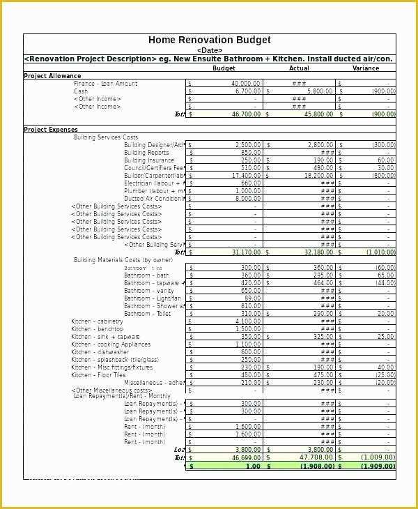 Renovation Spreadsheet Template Free Of Home Renovation Bud Template Excel Free