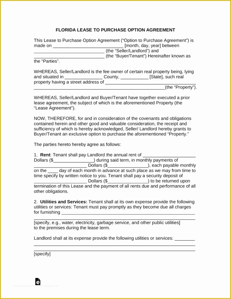 Rent to Own Lease Agreement Template Free Of Free Florida Lease to Own Option to Purchase Agreement