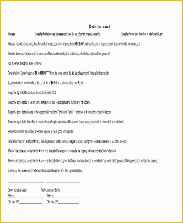 Rent to Own Lease Agreement Template Free Of Rent to Own Contracts Samples