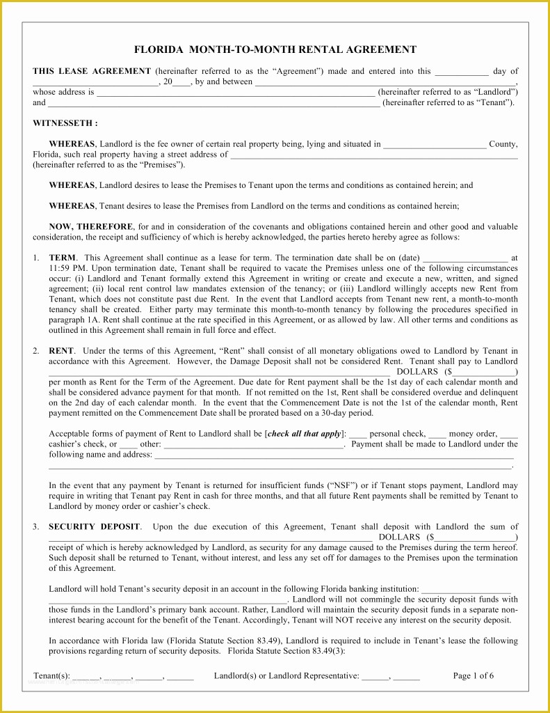 Rental Agreement Template Florida Free Of Free Florida Month to Month Rental Agreement Template