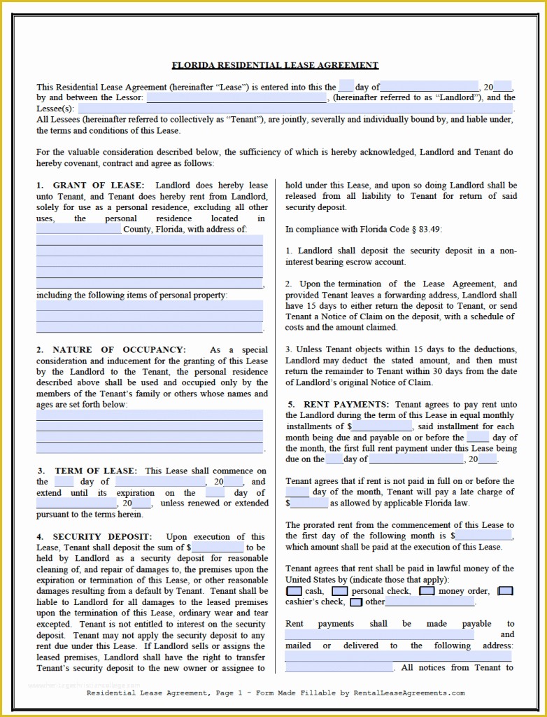 Rental Agreement Template Florida Free Of Free Florida Residential Lease Agreement Template – Pdf – Word