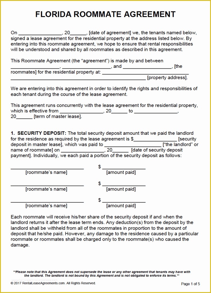 Rental Agreement Template Florida Free Of Free Florida Roommate Agreement Template – Pdf – Word