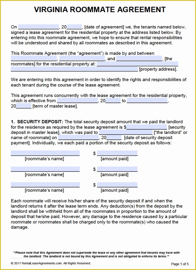 Rental Lease Agreement Template Free Of Free Virginia Roommate Agreement Template – Pdf – Word