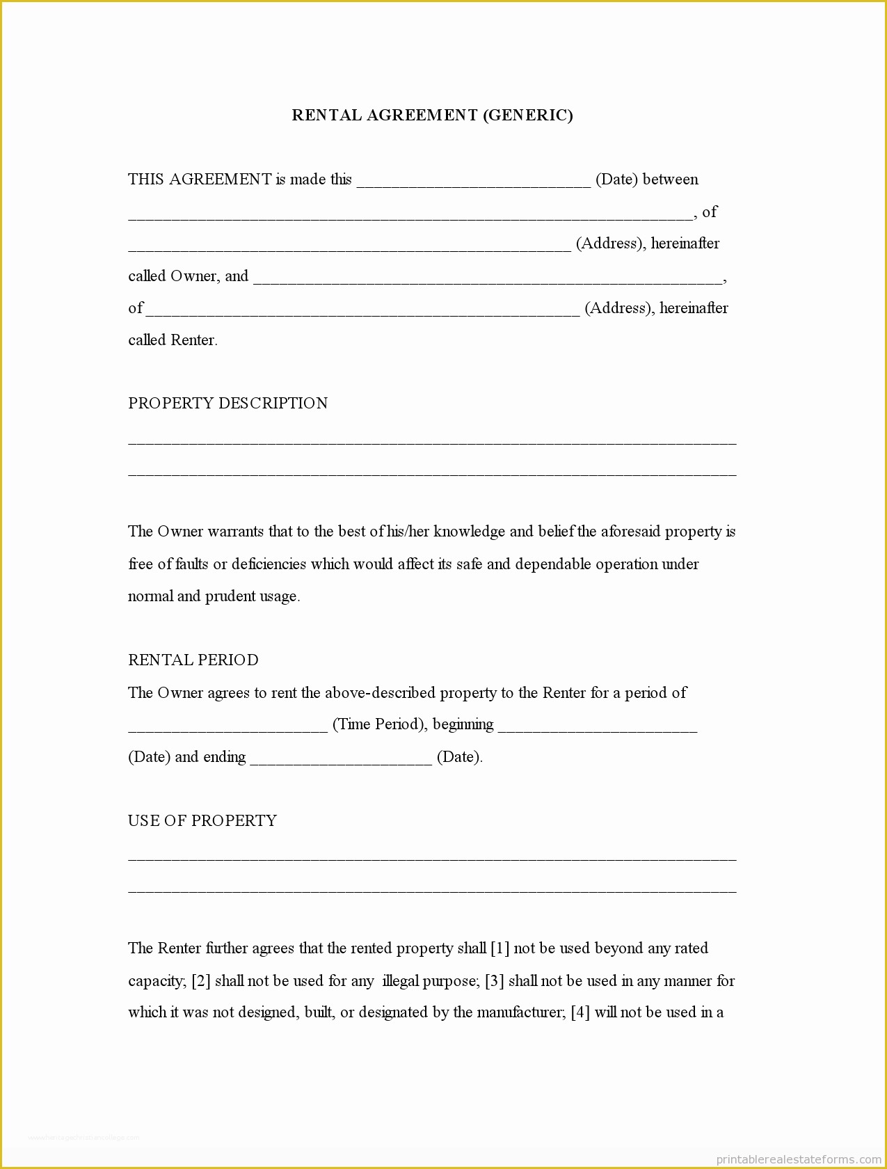 Rental Lease Agreement Template Free Of Generic Template Rental Agreement forms Free Printable