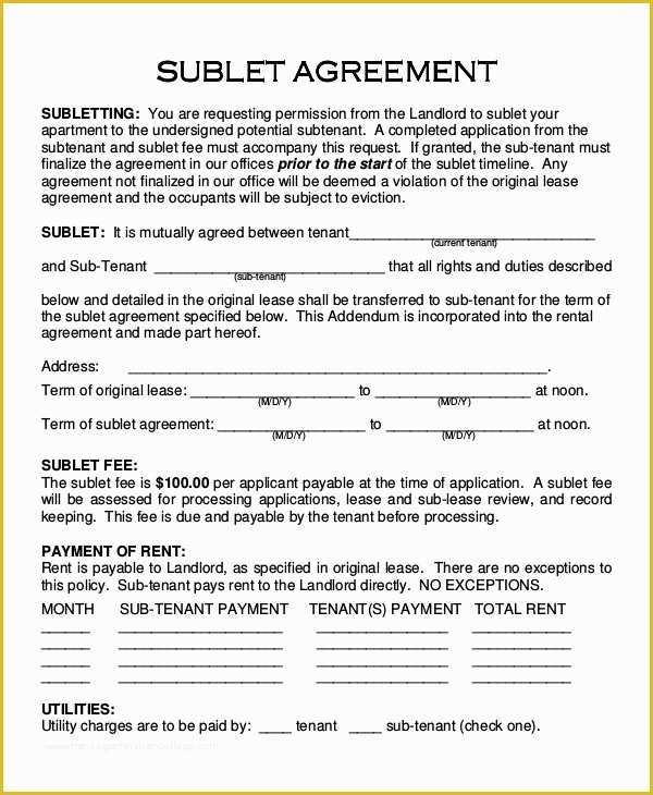 Rental Sublease Agreement Template Free Of 10 Sample Sublet Agreements