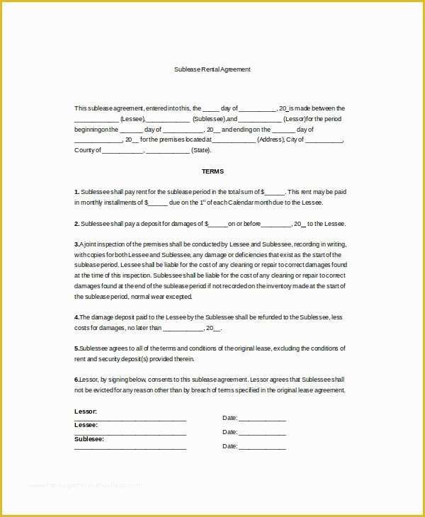 Rental Sublease Agreement Template Free Of 13 Rental Agreement Templates Free Sample Example