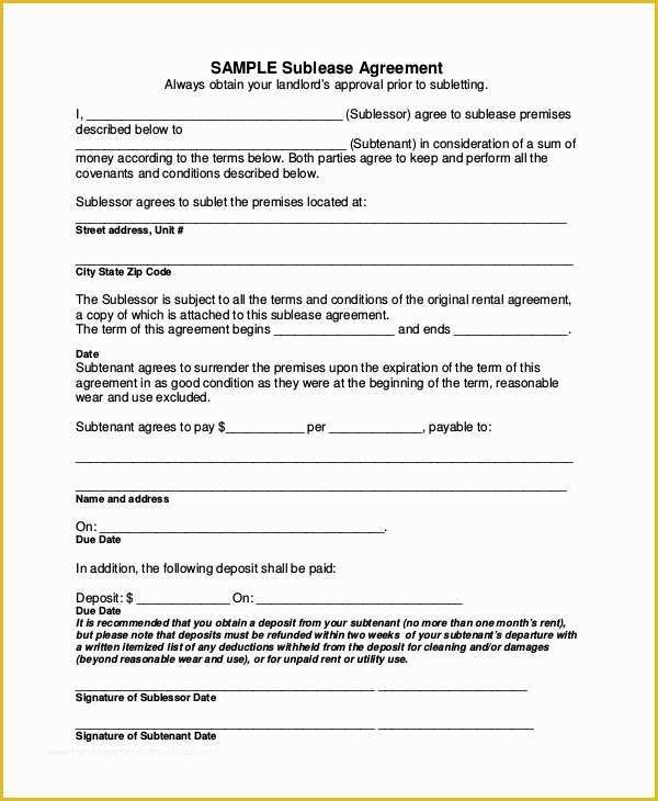 Rental Sublease Agreement Template Free Of 8 Sample Sublease Agreements