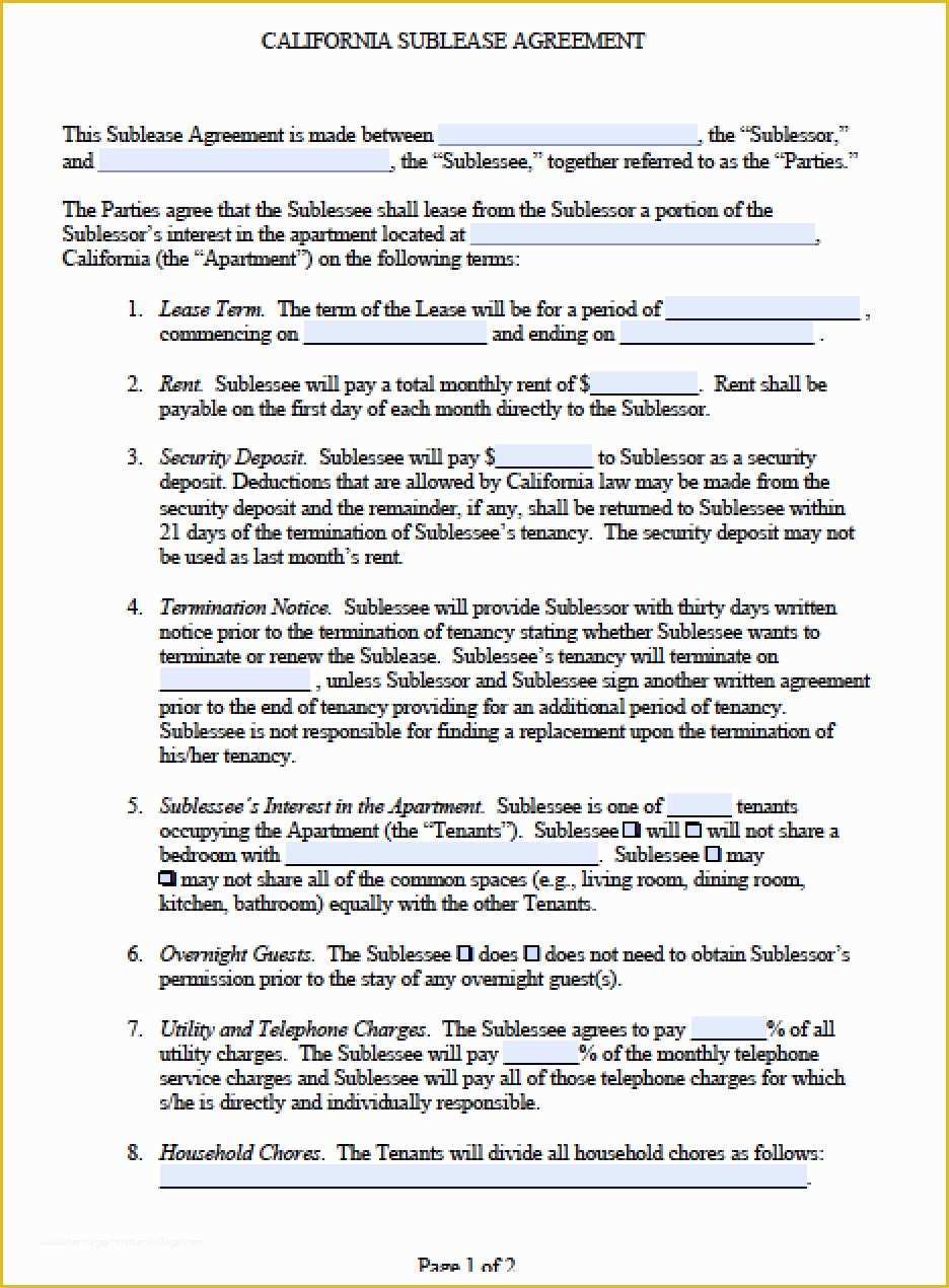 Rental Sublease Agreement Template Free Of Free California Sub Lease Agreement Pdf
