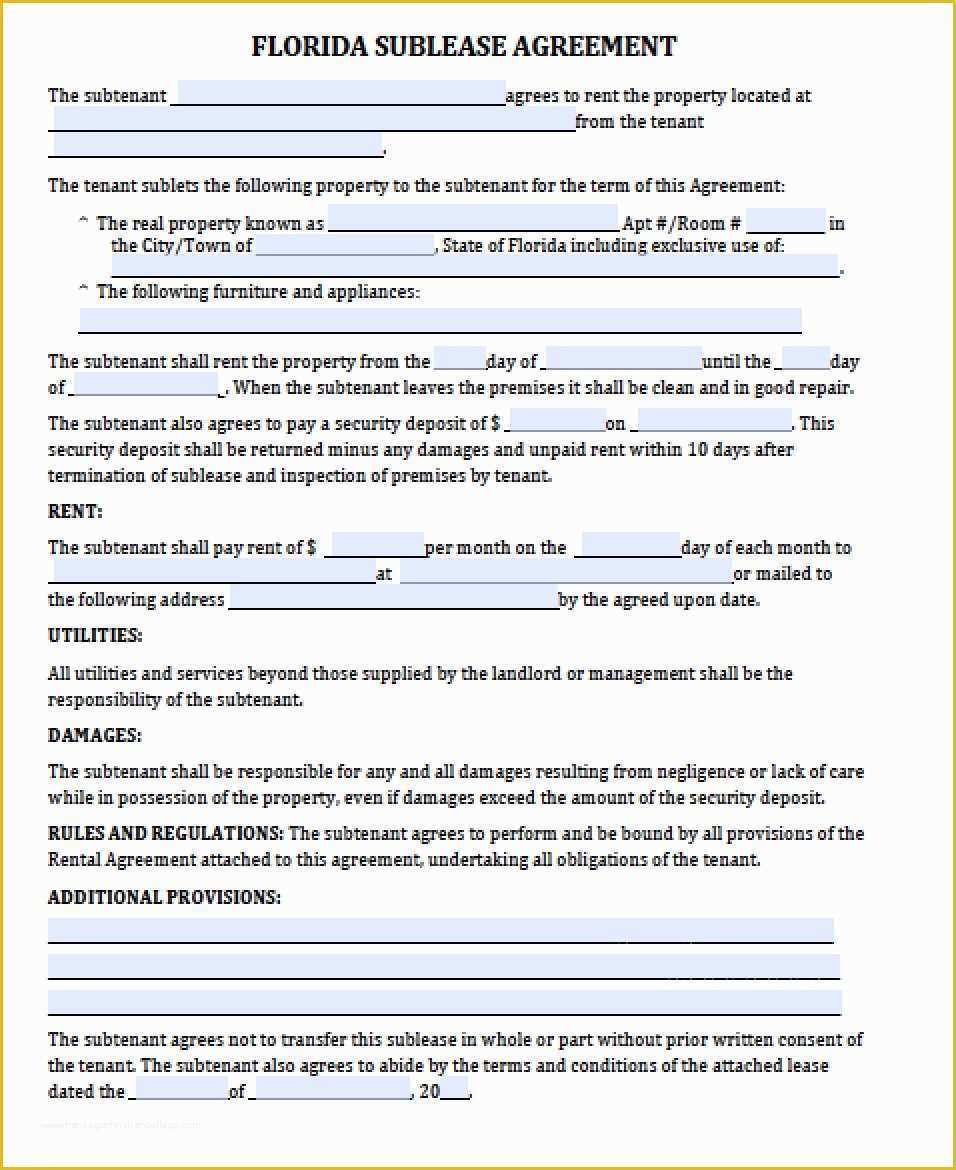Rental Sublease Agreement Template Free Of Free Florida Sub Lease Agreement Pdf