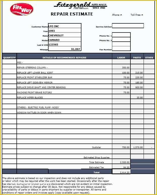 Repair Estimate form Template Free Of 9 Free Sample Auto Repair Quotation Templates Printable