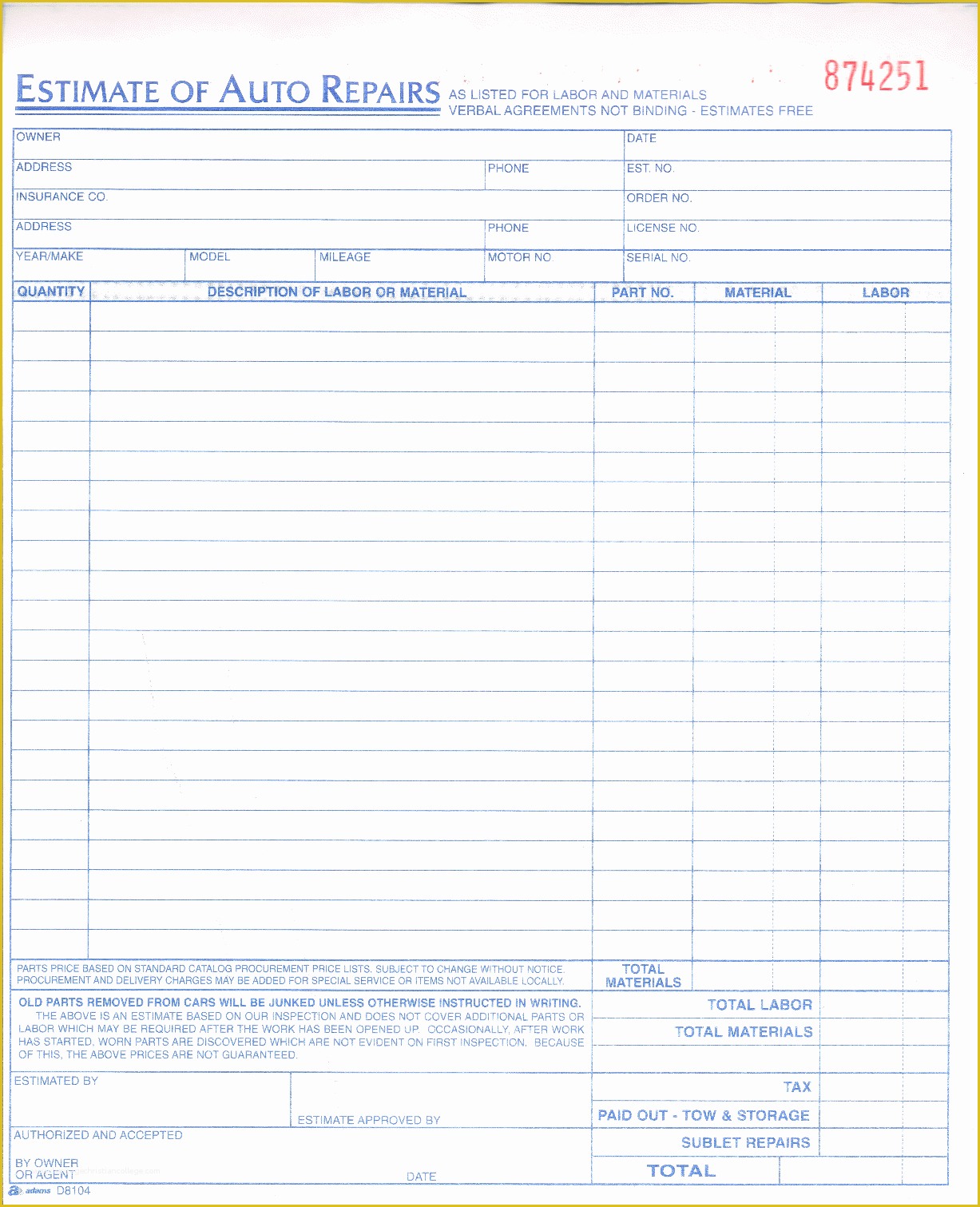 Repair Estimate form Template Free Of Adams D8104 Auto Repair Estimate Book