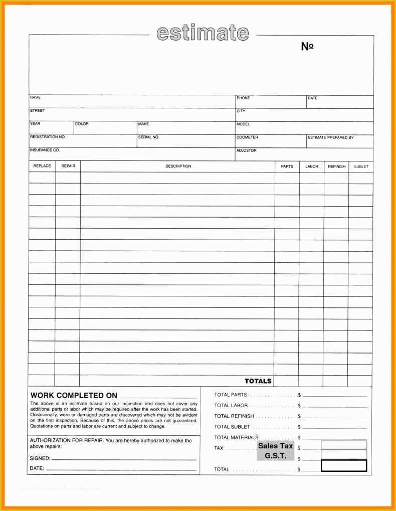 Repair Estimate form Template Free Of Auto Body Repair Estimate Template