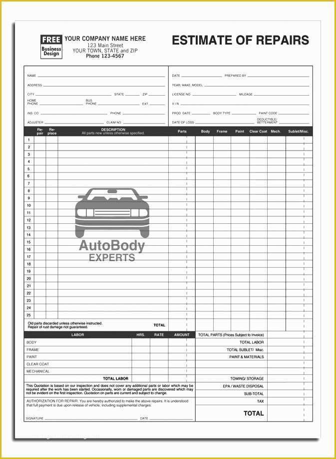 Repair Estimate form Template Free Of Auto Body Repair Estimate Template