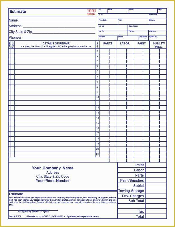 Repair Estimate form Template Free Of Free Auto Body Estimate forms