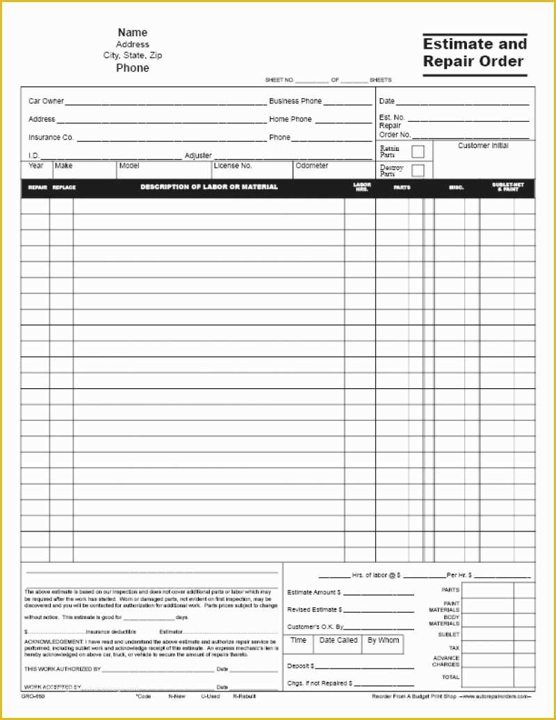 Repair Estimate form Template Free Of Free Printable Auto Body Repair Estimate forms Cover
