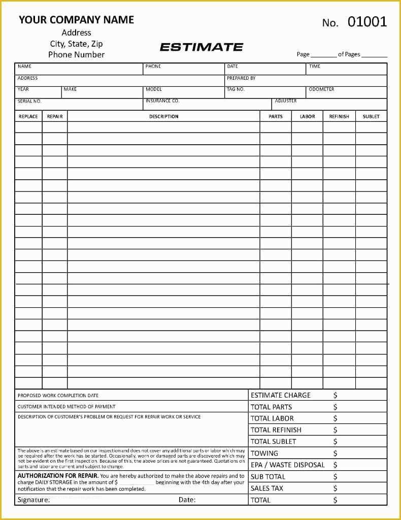 Repair Estimate form Template Free Of Printable Auto Body Repair Estimate forms and Auto Body