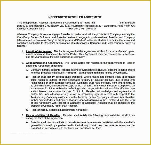 Reseller Agreement Template Free Download Of 8 Sample Free Reseller Agreement Templates to Download