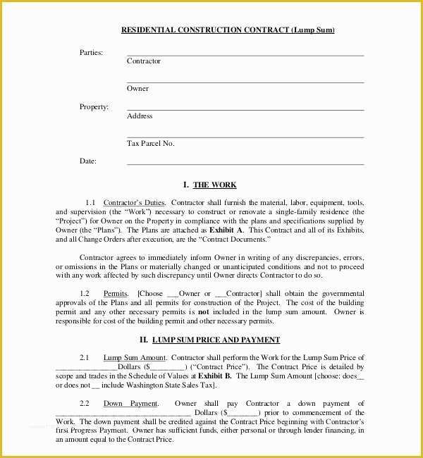 Residential Construction Contract Template Free Of 10 Sample Construction Contract forms