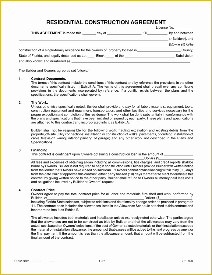 Residential Construction Contract Template Free Of Residential Construction Agreement In Word and Pdf formats