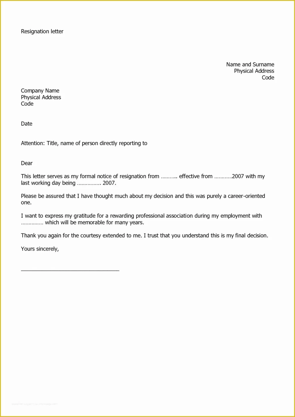 Resignation Letter Template Free Of Fillable and Easy to Use Employee Resignation Letter