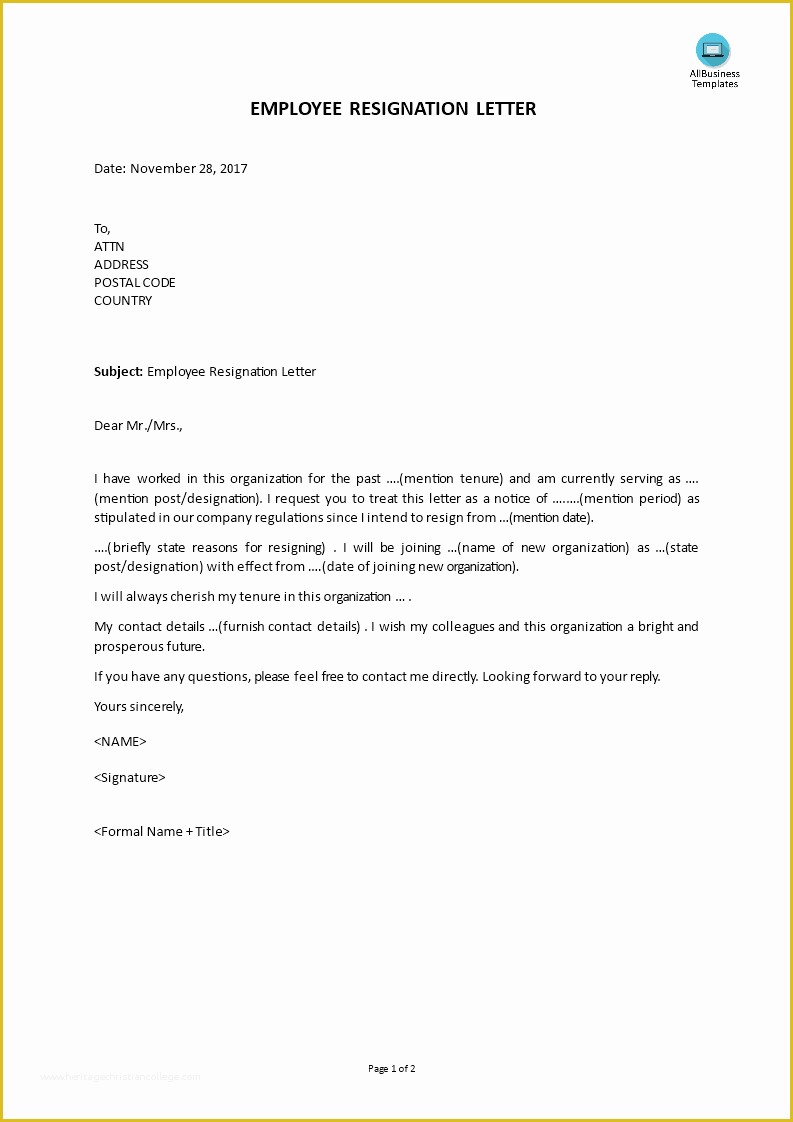 Resignation Letter Template Free Of Free Employee Resignation Letter