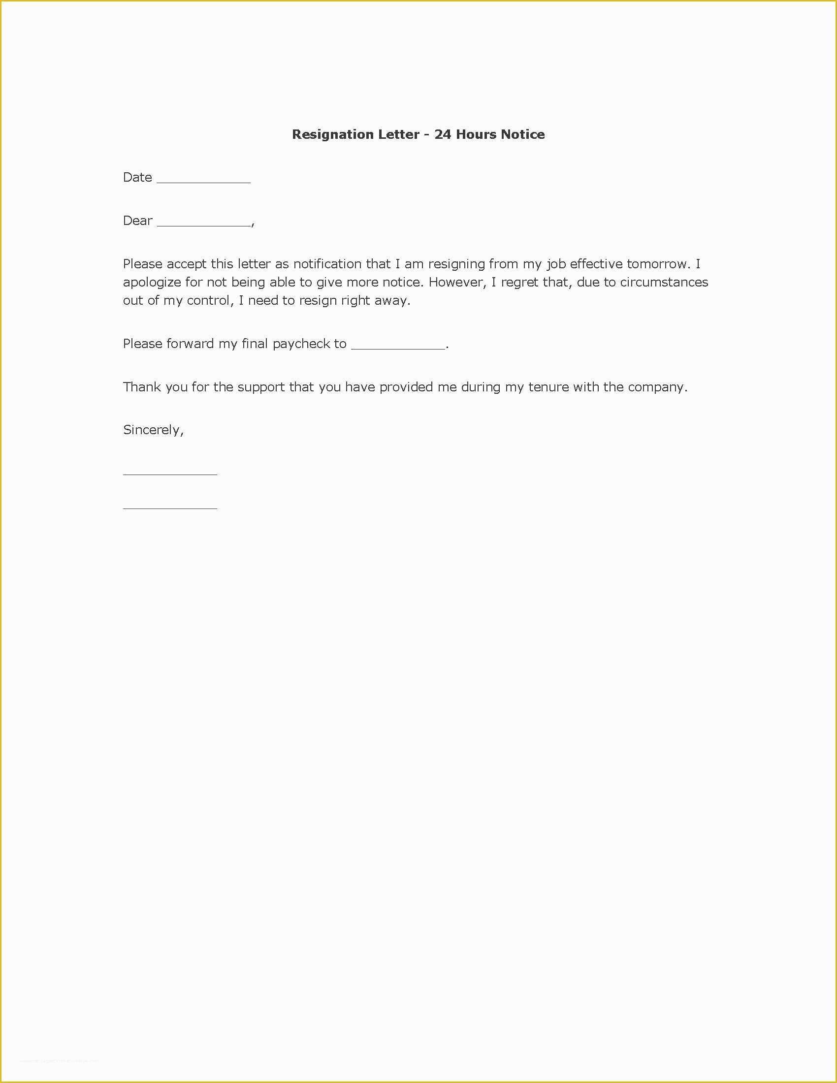Resignation Letter Template Free Of Free Resignation Letter Template 24 Hour Notice